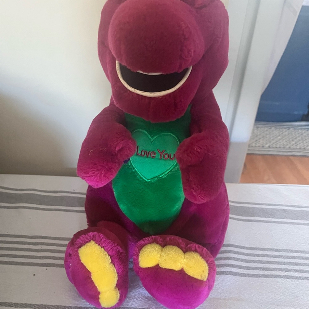 Vintage Barney Plush Dinosaur Stuffed Animal with Green Heart - \"Love You\"